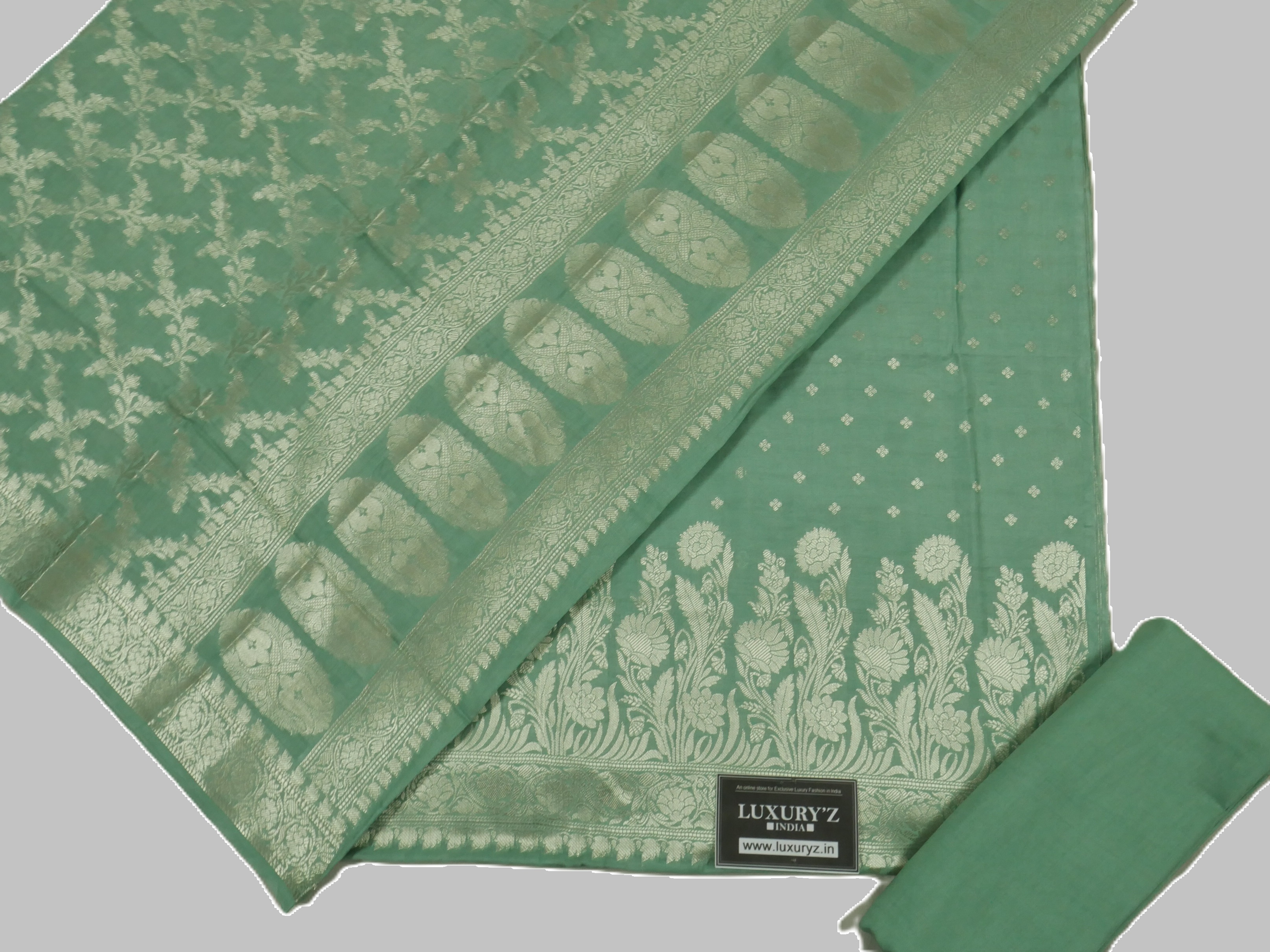 MEDIUM AQUAMARINE COLOUR BANARASI BUTTER SILK SUIT WITH HEAVY ZARI DUPATTA