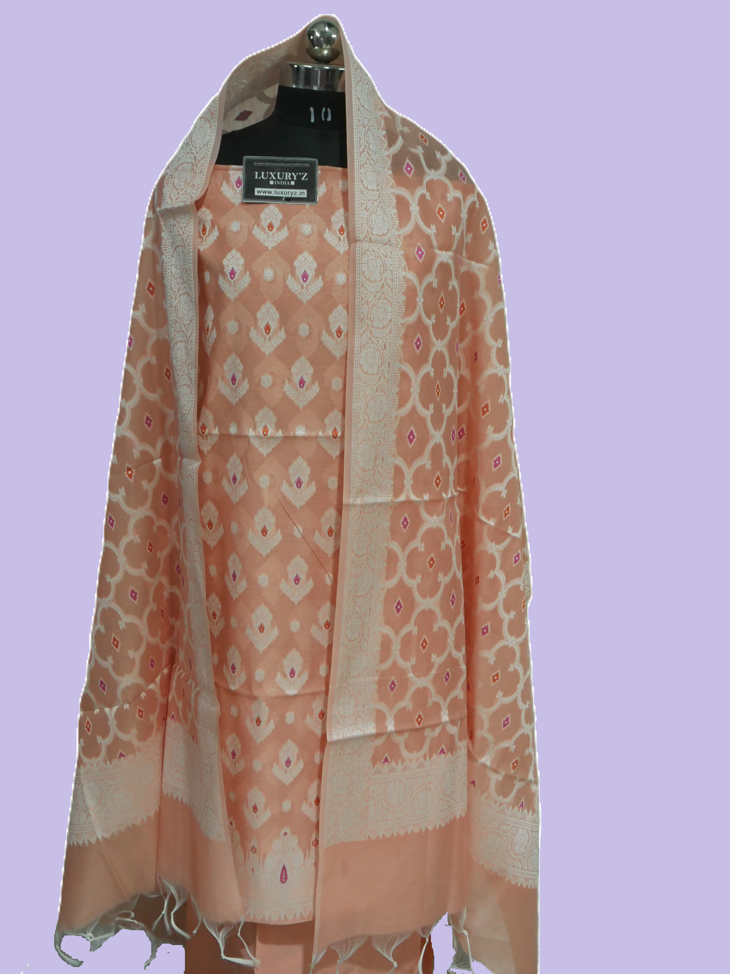 ORANGISH MELON COLOUR BANARASI RESHAM SILK SUIT WITH HEAVY DUPATTA