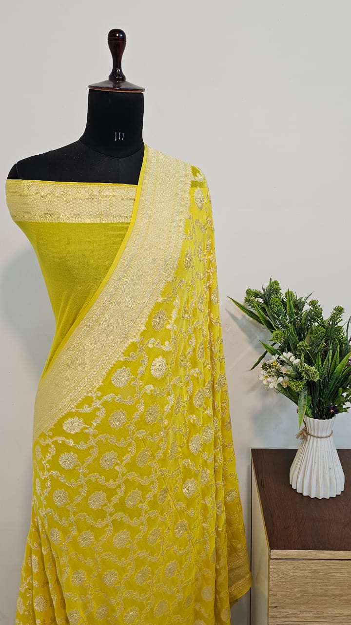 MUSTARD YELLOW BANARASI PURE KHADDI CHIFFON GEORGETTE SILK SAREE