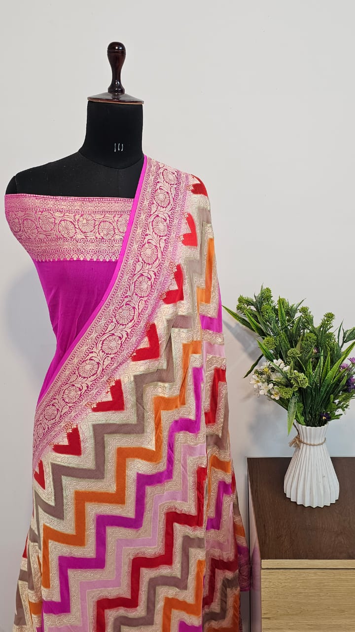 HOT PINK PURE KHADDI CHIFFON GEORGETTE SILK SAREE WITH MEENAKARI WORK