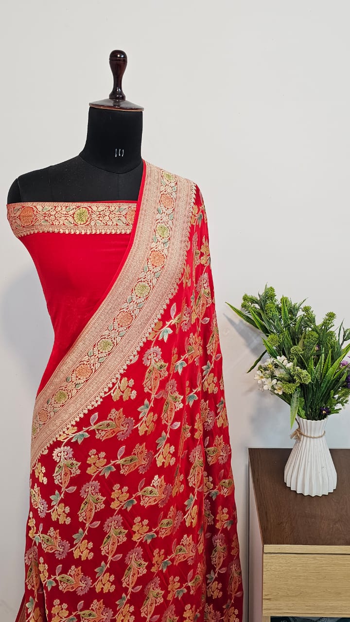 RED BANARASI PURE KHADDI CHIFFON GEORGETTE SILK SAREE WITH MEENAKARI WORK