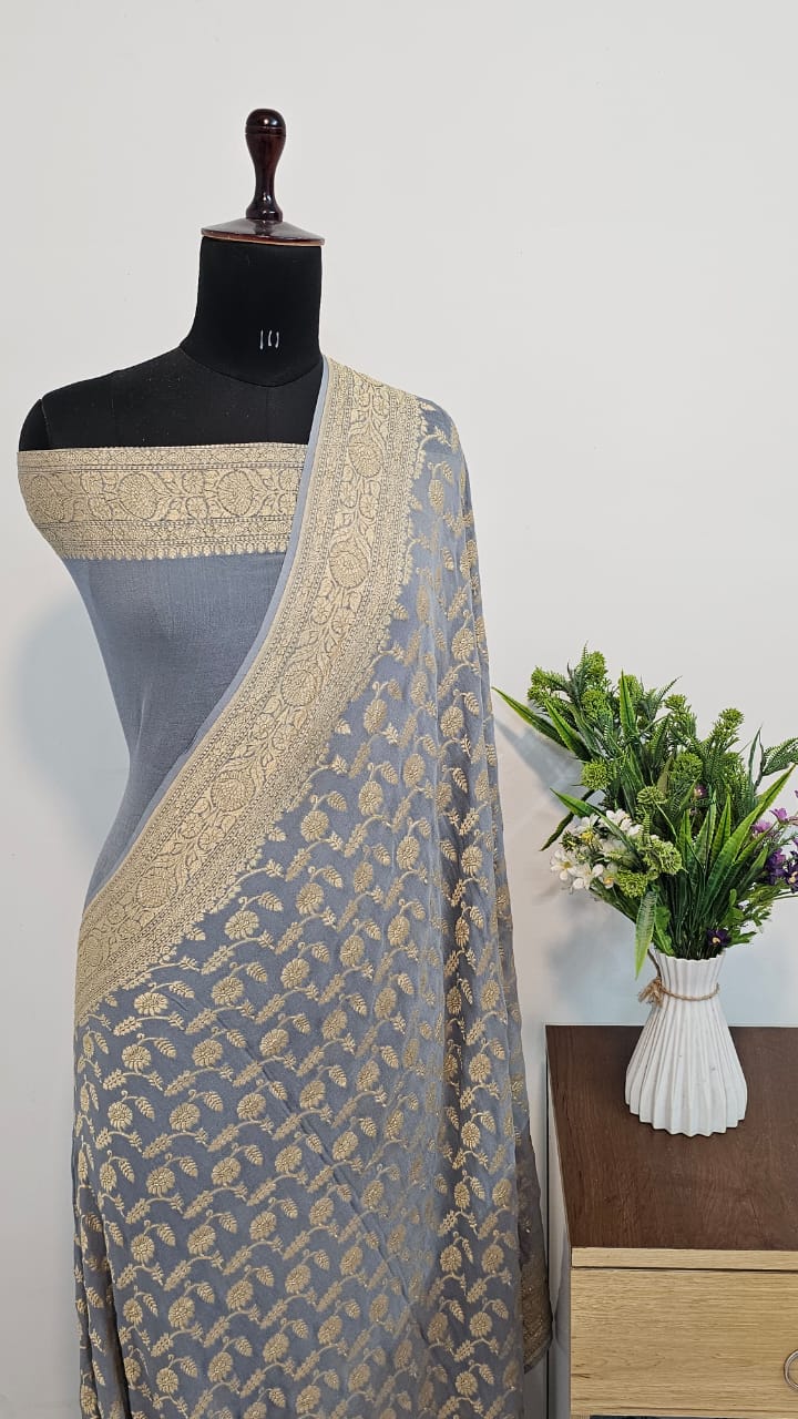 LIGHT GRAY BANARASI PURE KHADDI CHIFFON GEORGETTE SILK SAREE
