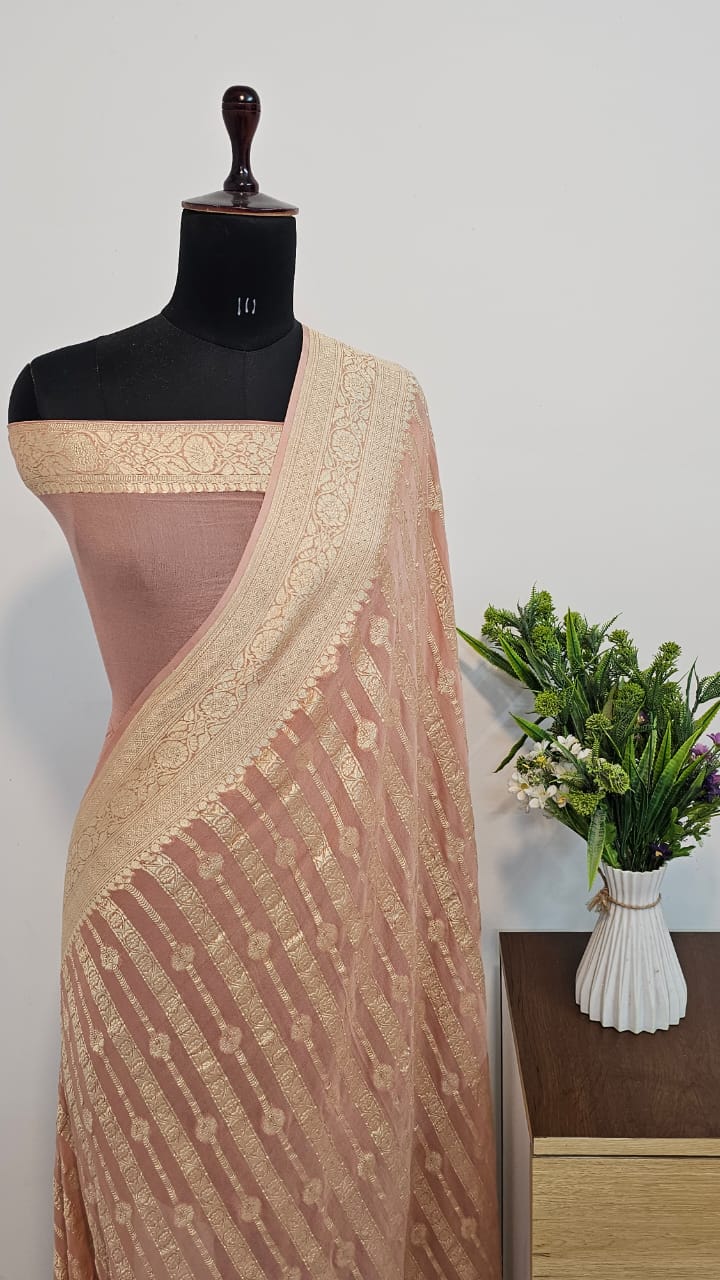 PEACH BANARASI PURE KHADDI CHIFFON GEORGETTE SILK SAREE