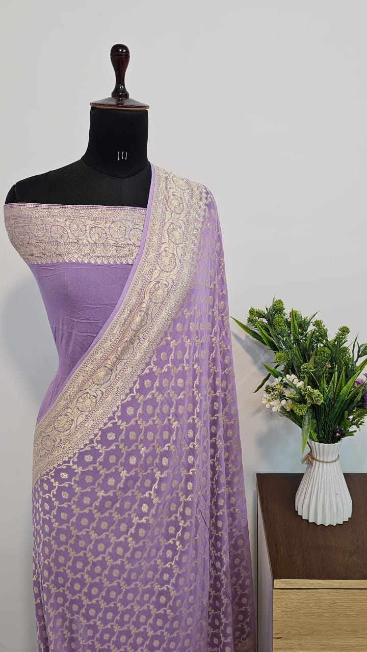 POWDER ONION BANARASI PURE KHADDI CHIFFON GEORGETTE SILK SAREE