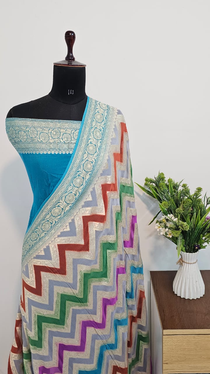 SKY BLUE PURE KHADDI CHIFFON GEORGETTE SILK SAREE WITH MEENAKARI WORK