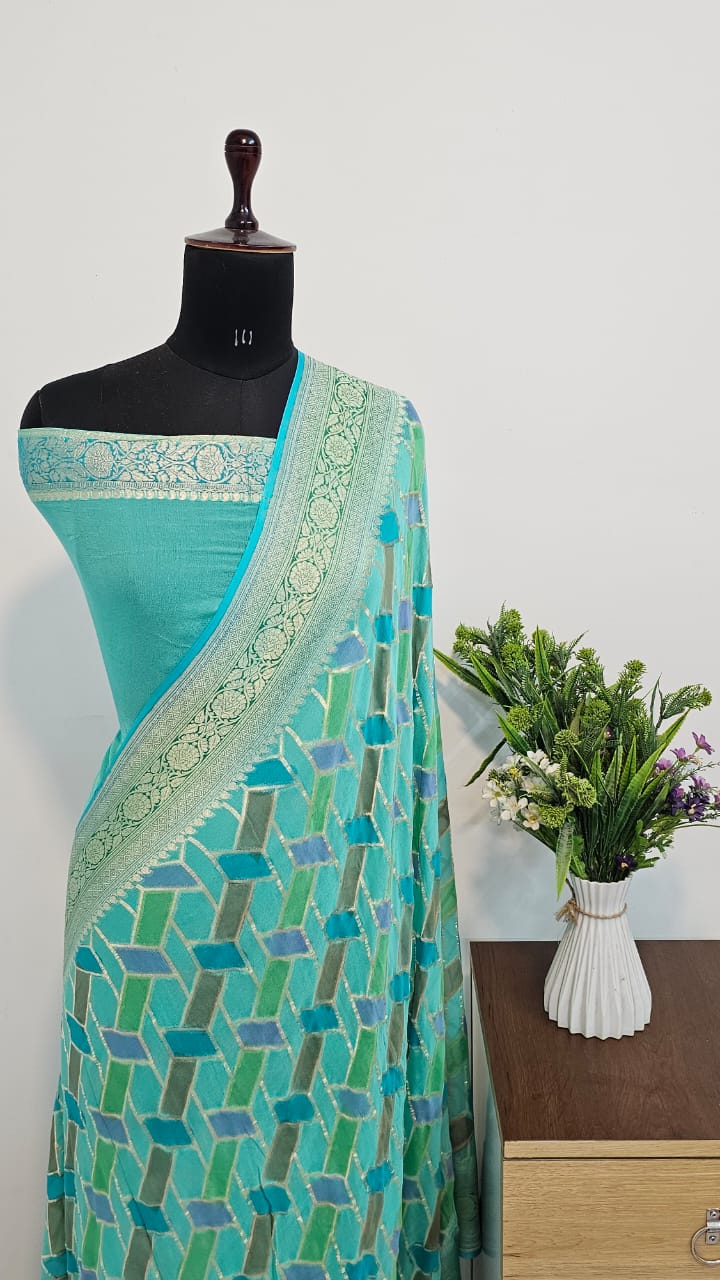 BLUISH GREEN PURE KHADDI CHIFFON GEORGETTE SILK SAREE WITH MEENAKARI WORK