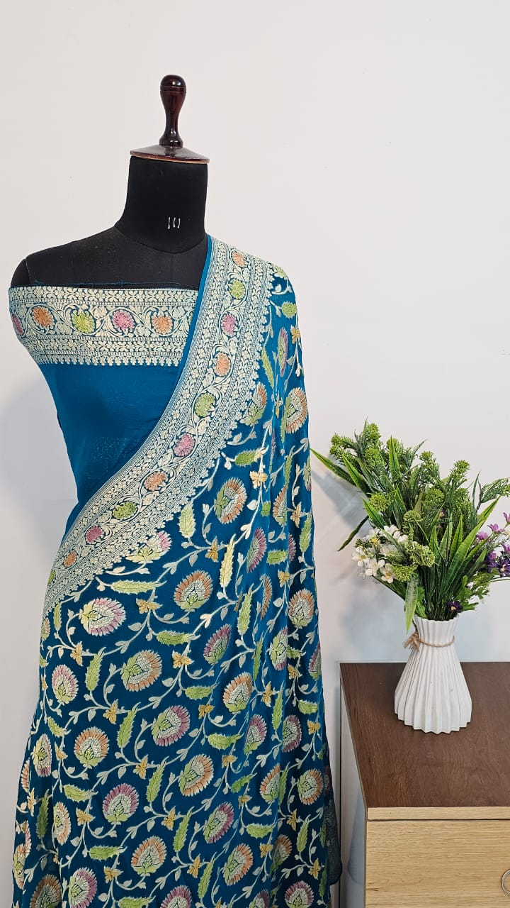 CRIMSON PURE KHADDI CHIFFON GEORGETTE SILK SAREE WITH MEENAKARI WORK