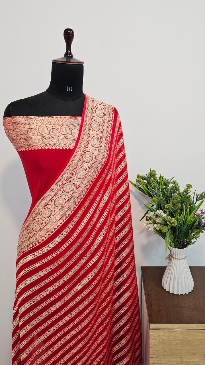 RED BANARASI PURE KHADDI CHIFFON GEORGETTE SILK SAREE