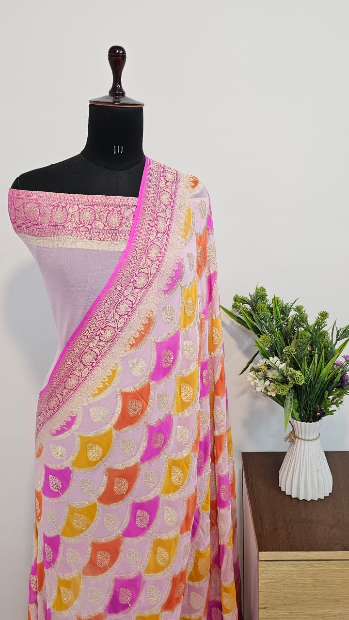 ONION PURE KHADDI CHIFFON GEORGETTE SILK SAREE WITH MEENAKARI WORK