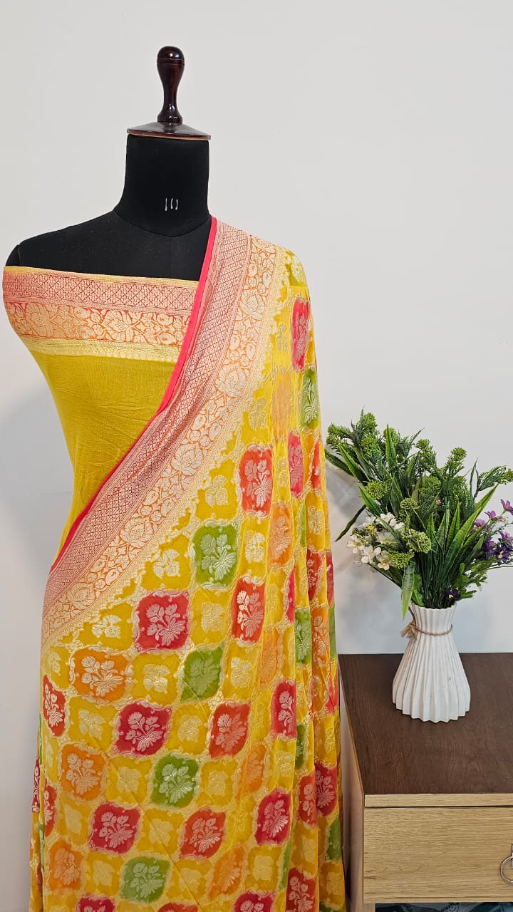 YELLOW PURE KHADDI CHIFFON GEORGETTE SILK SAREE WITH MEENAKARI WORK