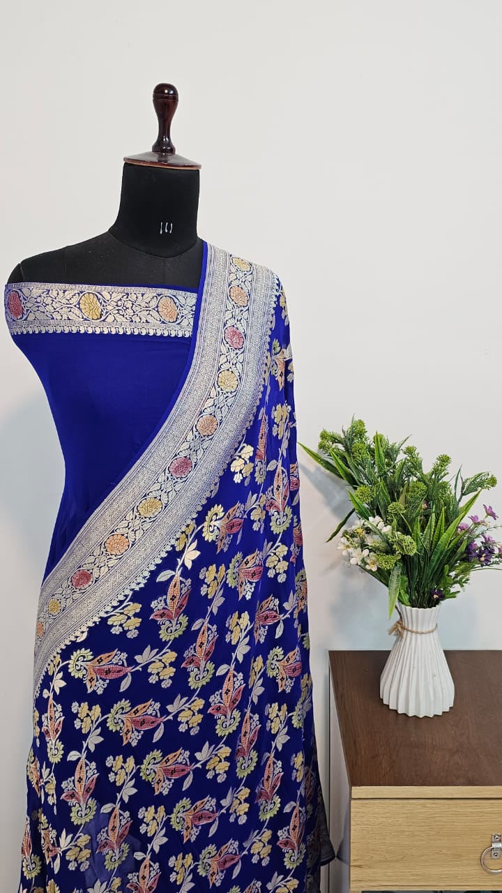 ROYAL BLUE PURE KHADDI CHIFFON GEORGETTE SILK SAREE WITH MEENAKARI WORK