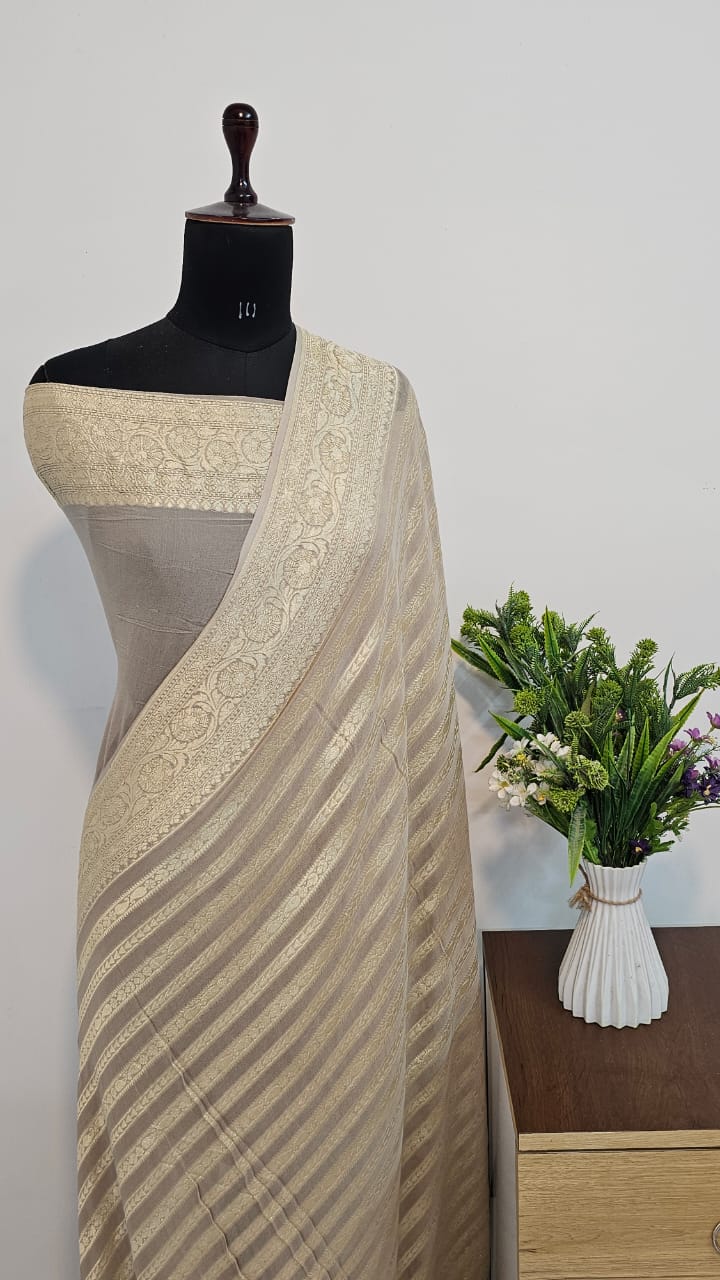 GRAY BANARASI PURE KHADDI CHIFFON GEORGETTE SILK SAREE