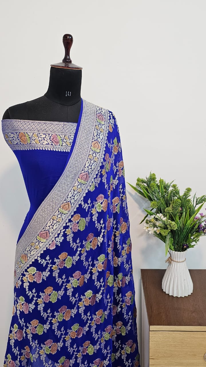 ROYAL BLUE PURE KHADDI CHIFFON GEORGETTE SILK SAREE WITH MEENAKARI WORK