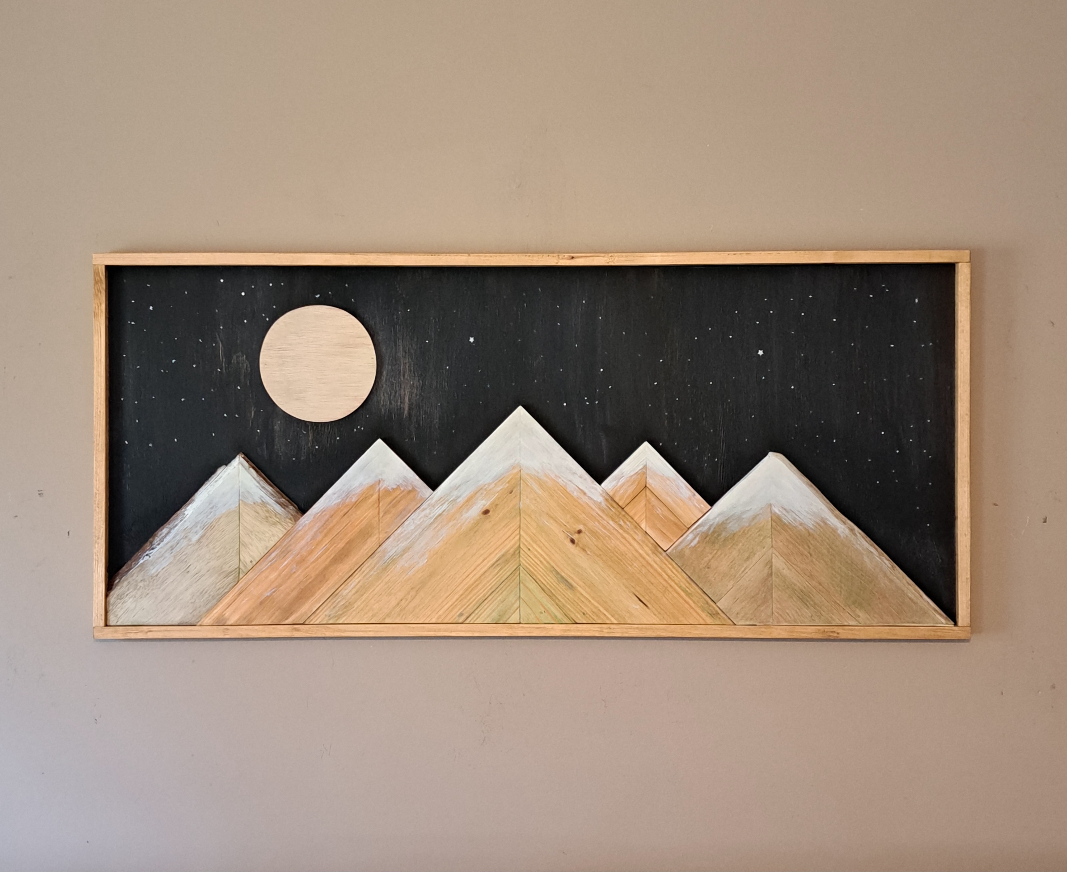 Reclaimed Pallet Wood Snow-Capped Mountains Moon/Stars Wall Art ~ SOLD