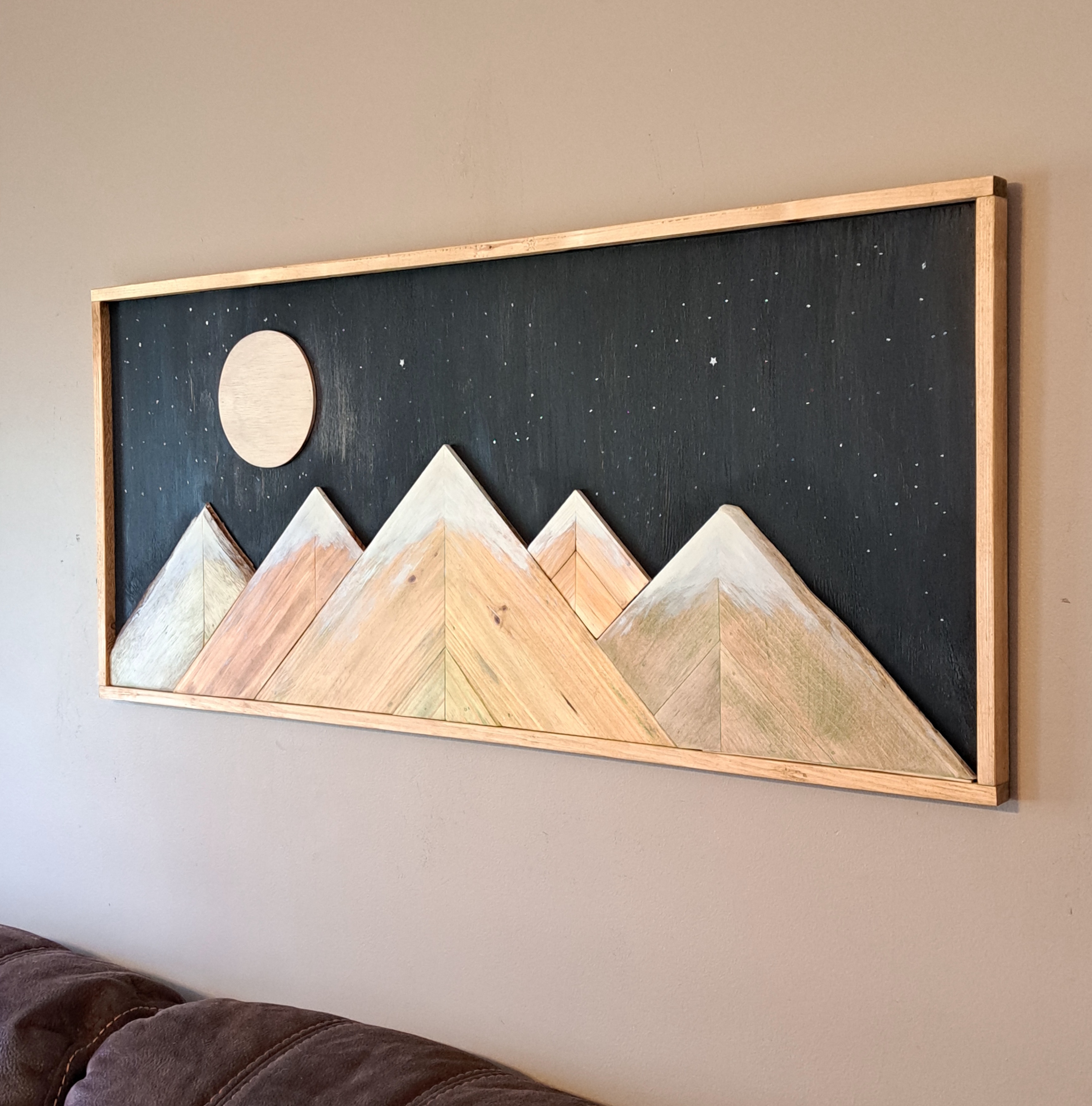 Reclaimed Pallet Wood Snow-Capped Mountains Moon/Stars Wall Art ~ SOLD