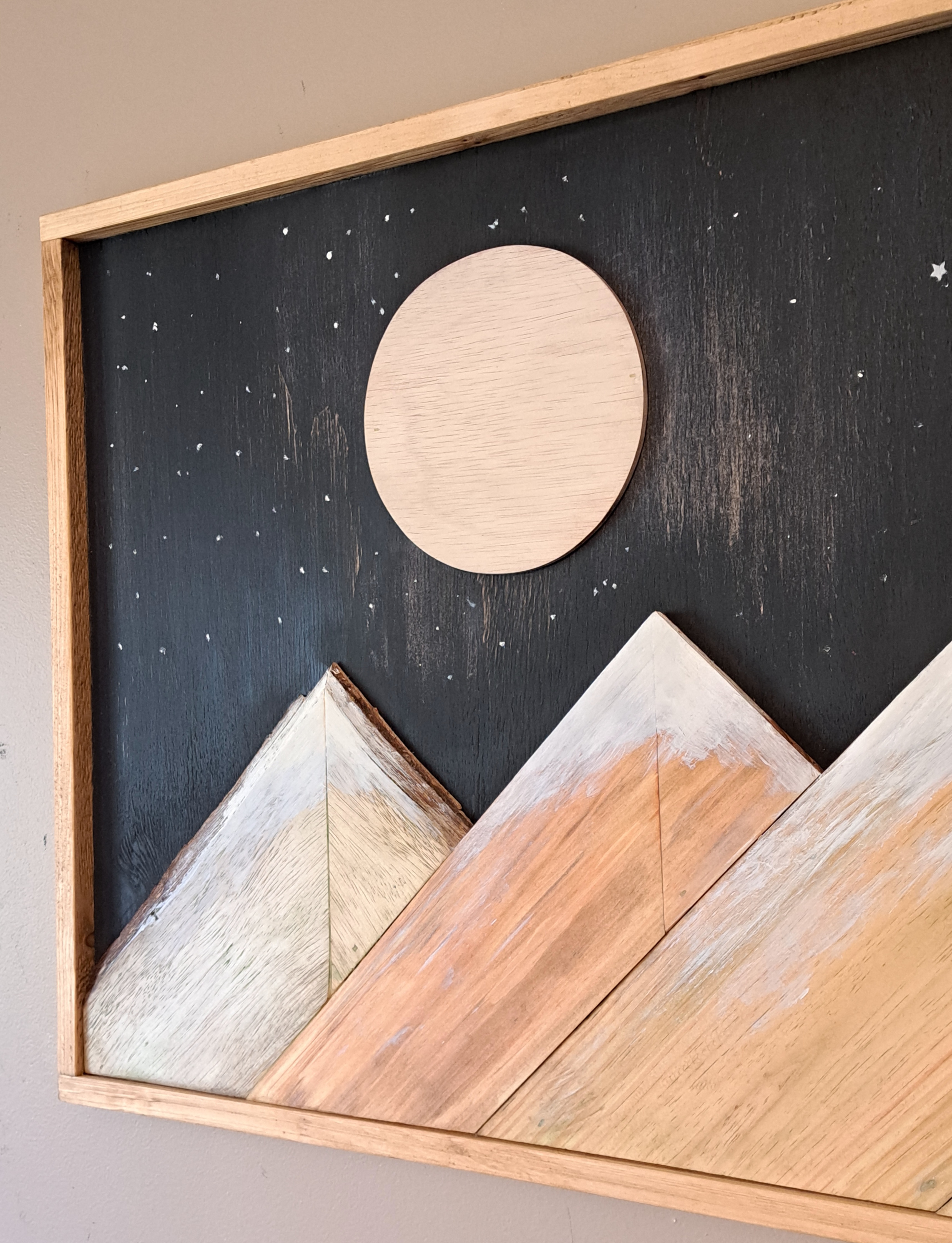 Reclaimed Pallet Wood Snow-Capped Mountains Moon/Stars Wall Art ~ SOLD