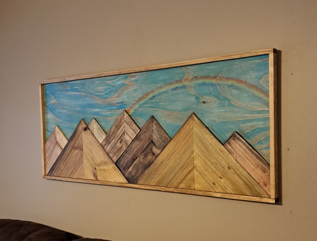 Reclaimed Pallet Wood Mountain Rainbow Sky Wall Art ~ SOLD