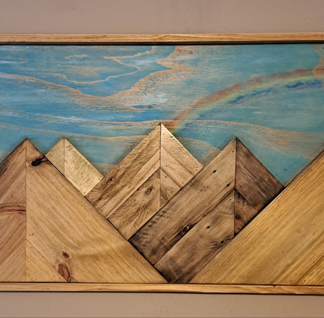 Reclaimed Pallet Wood Mountain Rainbow Sky Wall Art ~ SOLD