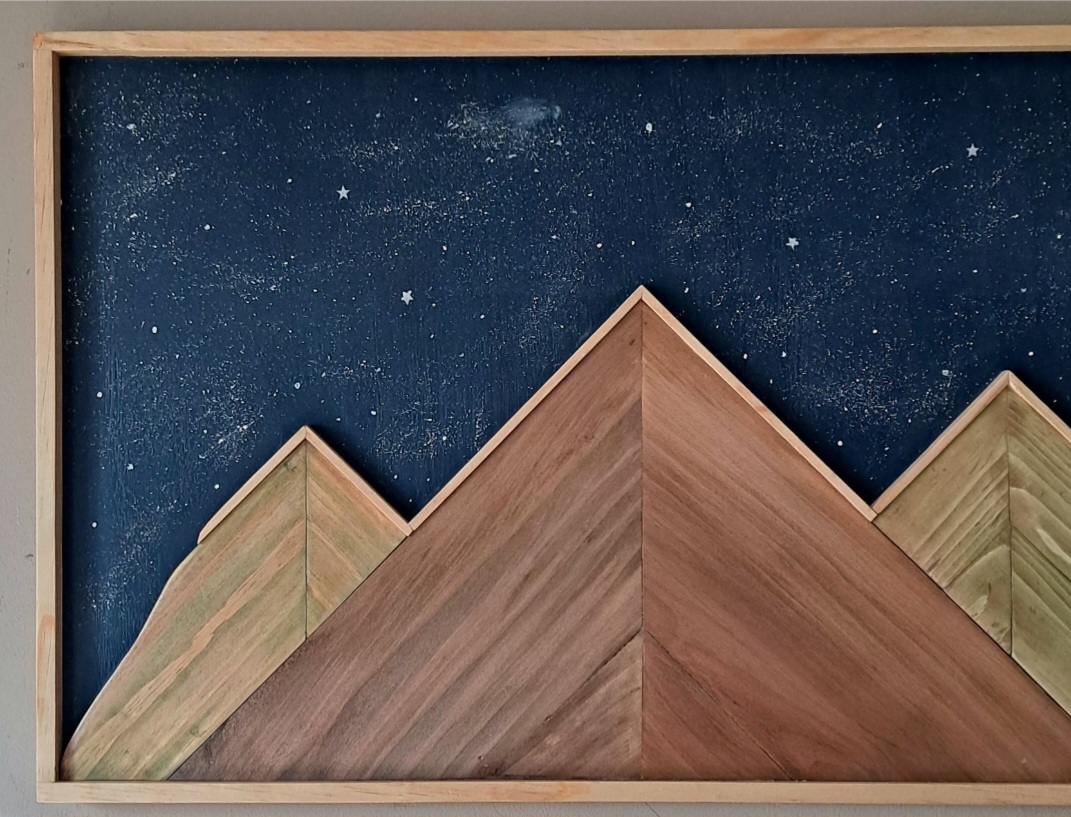 Reclaimed Wood Mountains with Moon and Stars/ Rustic Landscape Decor