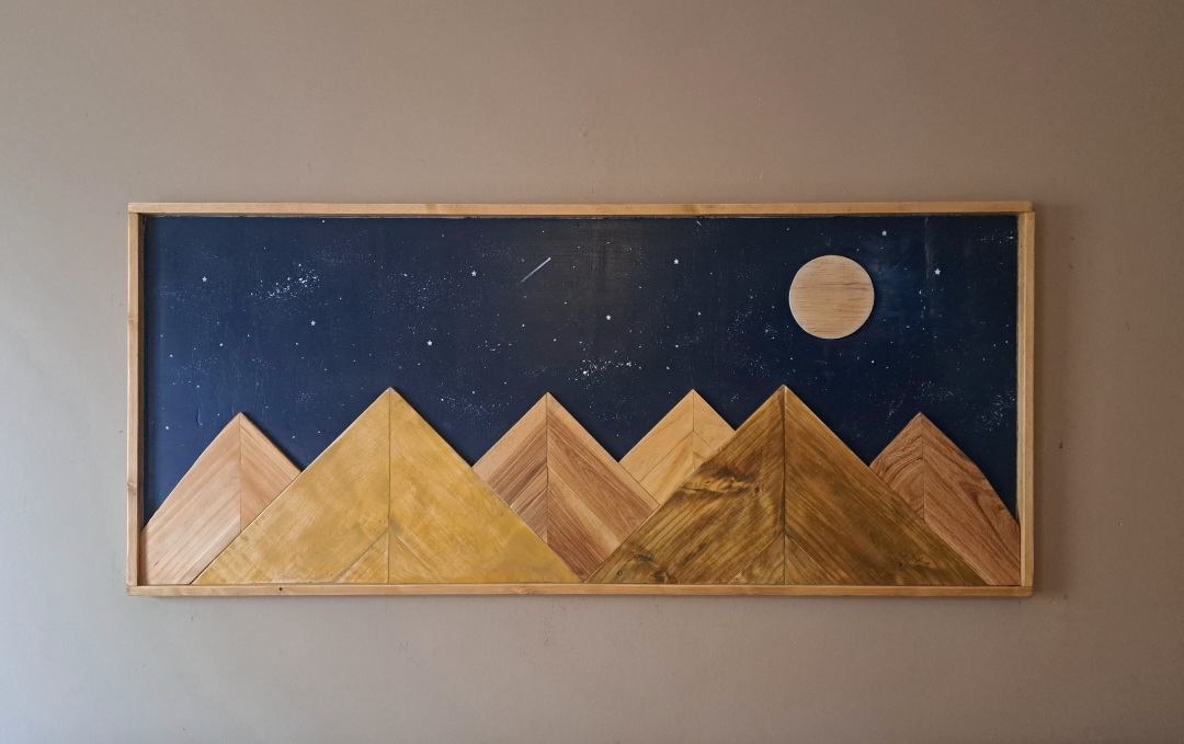 Reclaimed Pallet Wood Mountains with Moon and Stars Wall Art