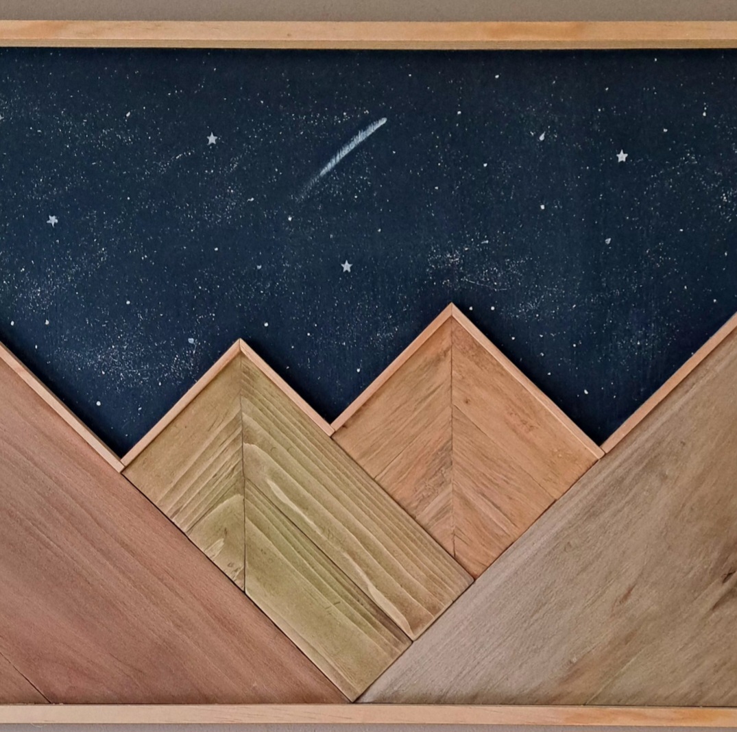 Reclaimed Wood Mountains with Moon and Stars/ Rustic Landscape Decor
