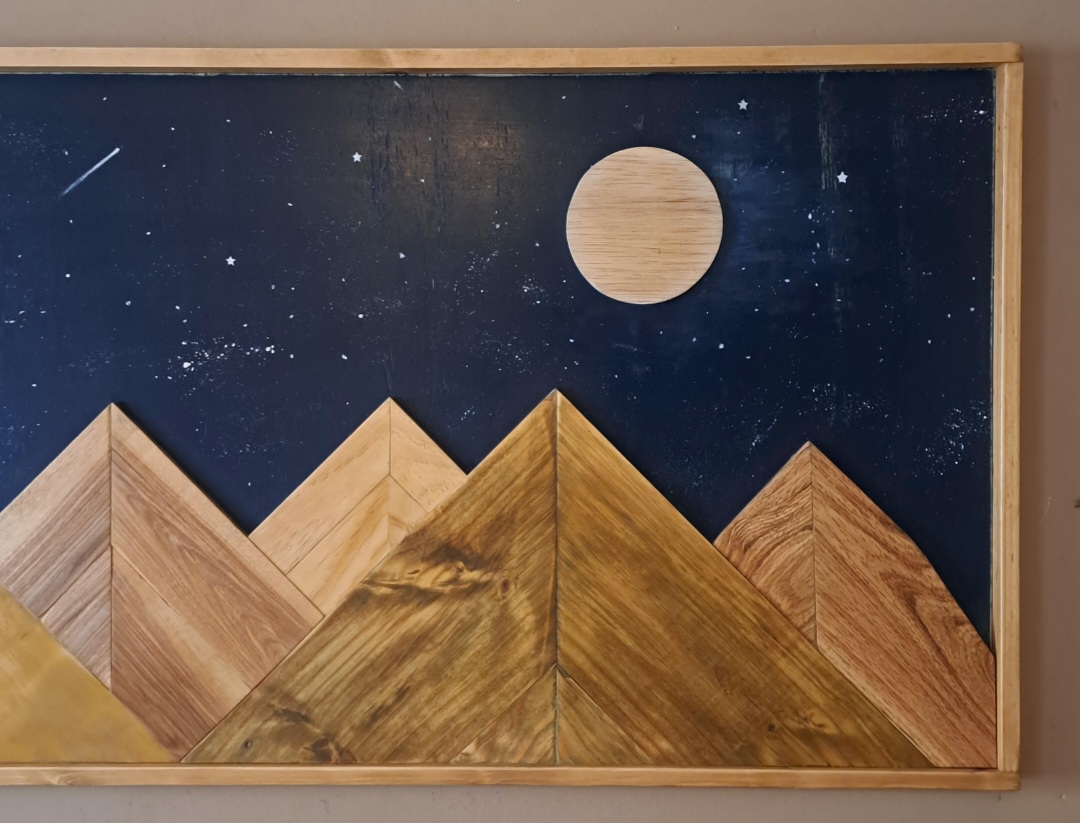 Reclaimed Pallet Wood Mountains with Moon and Stars Wall Art