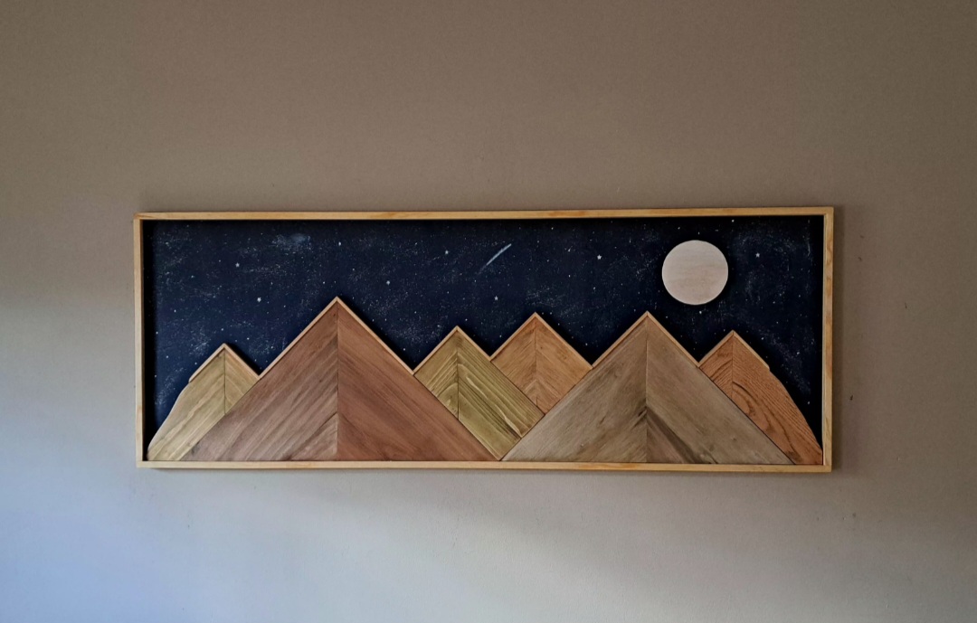 Reclaimed Wood Mountains with Moon and Stars/ Rustic Landscape Decor