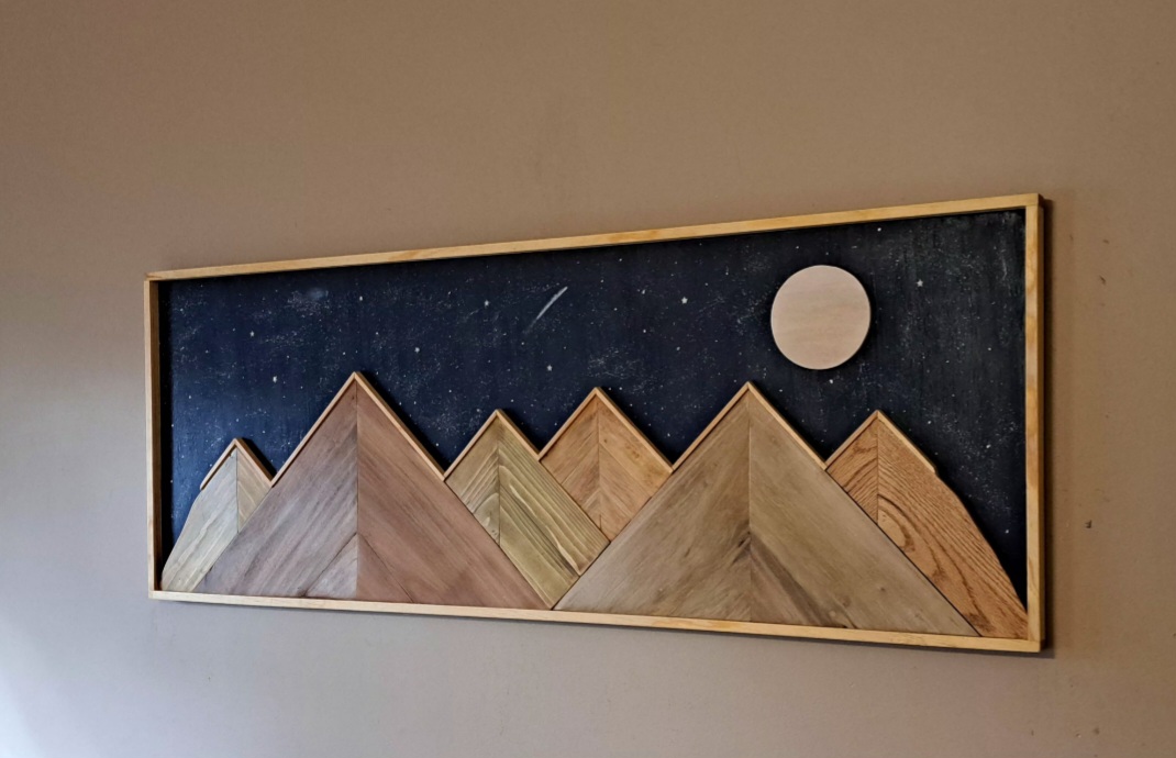 Reclaimed Wood Mountains with Moon and Stars/ Rustic Landscape Decor