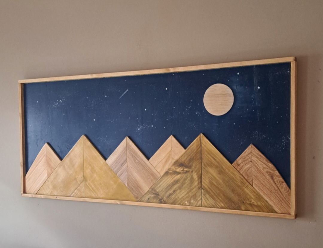 Reclaimed Pallet Wood Mountains with Moon and Stars Wall Art
