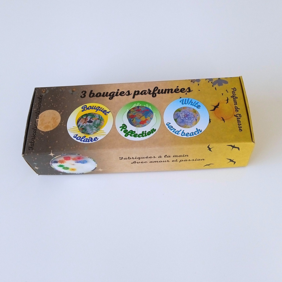 Coffret 3 bougies parfumées : Bouquet solaire - Reflection - White sand beach -  Parfum des parfumeries de Grasse(France)