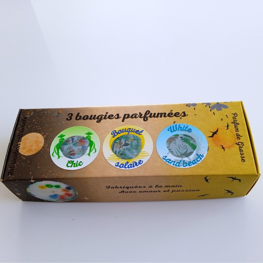 Coffret 3 bougies parfumées : Chic - Bouquet solaire - White sand beach -  Parfum des parfumeries de Grasse(France)