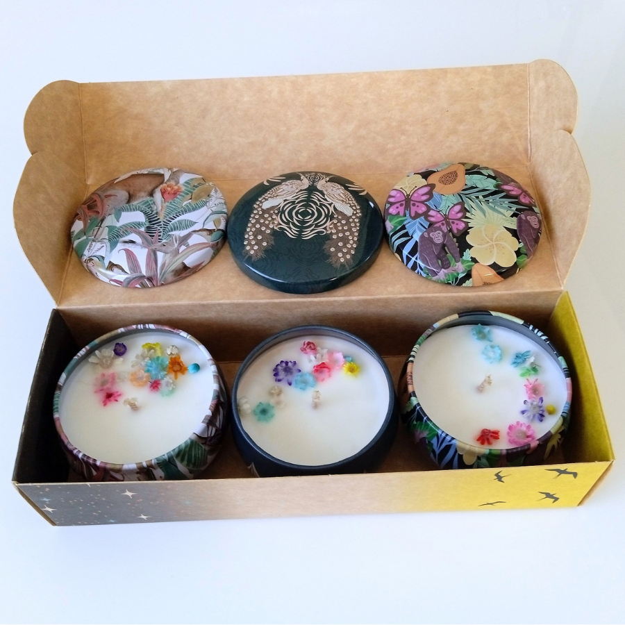 Coffret 3 bougies parfumées : Pacific sunrise - Pinky girl - Poussière d'étoile -  Parfum des parfumeries de Grasse(France)