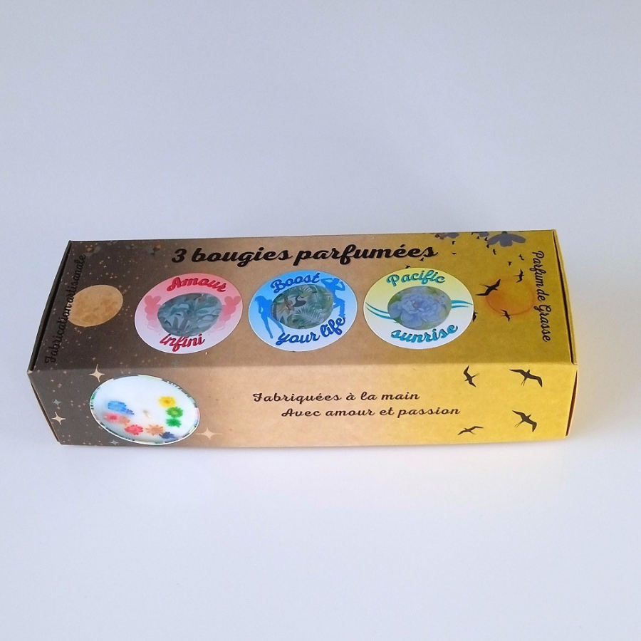 Coffret 3 bougies parfumées : Amour infini - Boost your life - Pacific sunrise - Parfum des parfumeries de Grasse(France) 