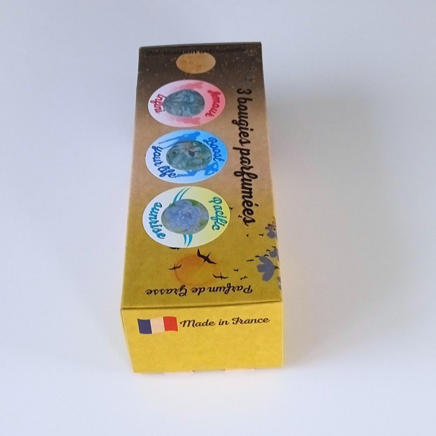 Coffret 3 bougies parfumées : Amour infini - Boost your life - Pacific sunrise - Parfum des parfumeries de Grasse(France) 