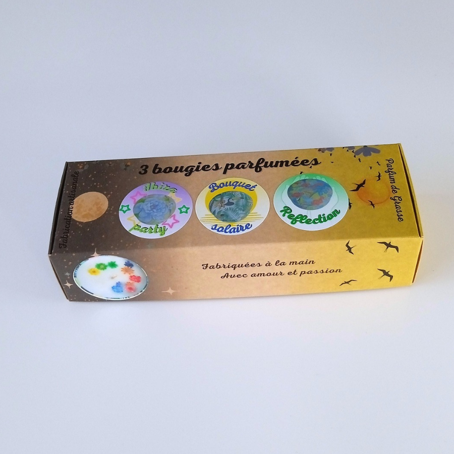 Coffret 3 bougies parfumées : Ibiza party - Bouquet solaire - Reflection - Parfum des parfumeries de Grasse(France)