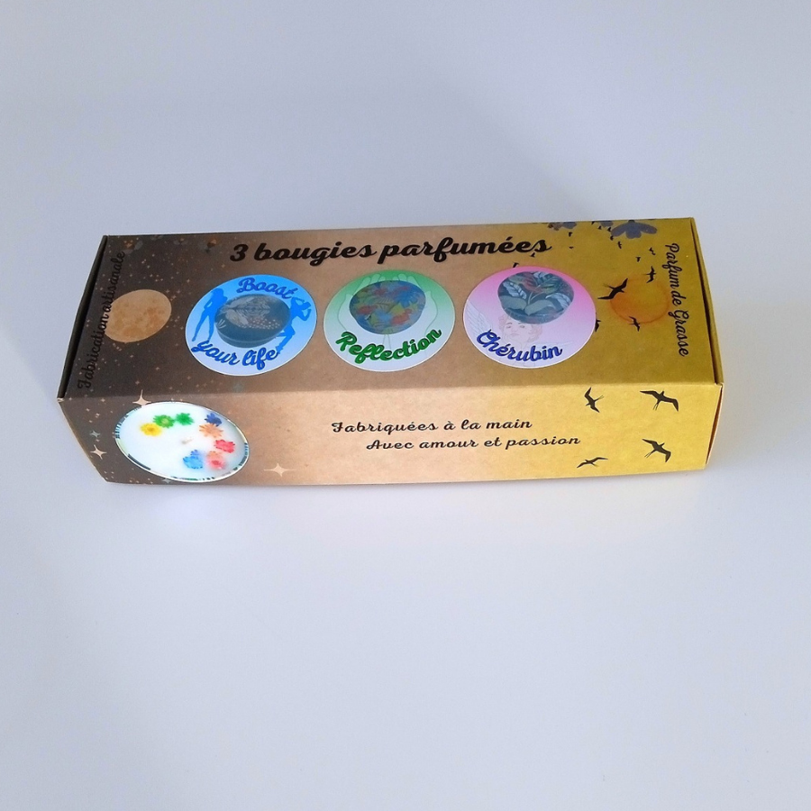 Coffret 3 bougies parfumées Boost your life - Reflection - Chérubin - Parfum des parfumeries de Grasse(France)