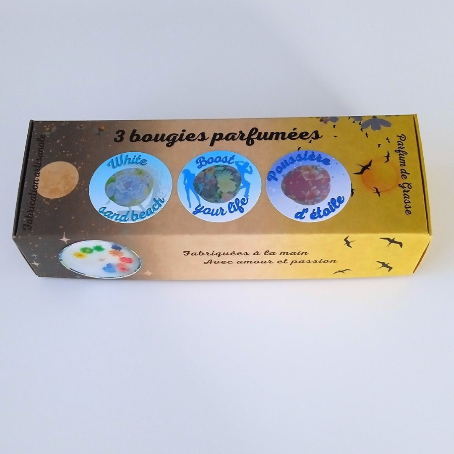 Coffret 3 bougies parfumées White sand beach - Boost your life - Poussière d'étoile - Parfum des parfumeries de Grasse(France)