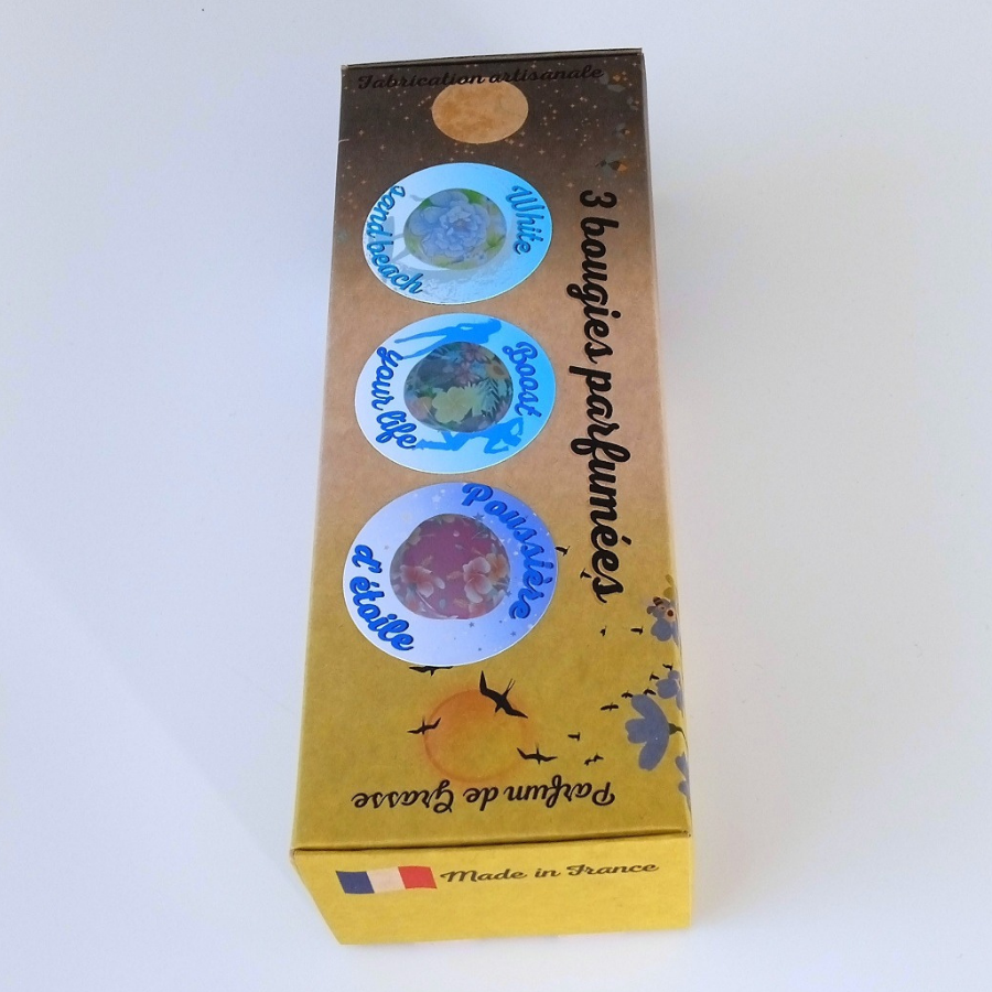 Coffret 3 bougies parfumées White sand beach - Boost your life - Poussière d'étoile - Parfum des parfumeries de Grasse(France)