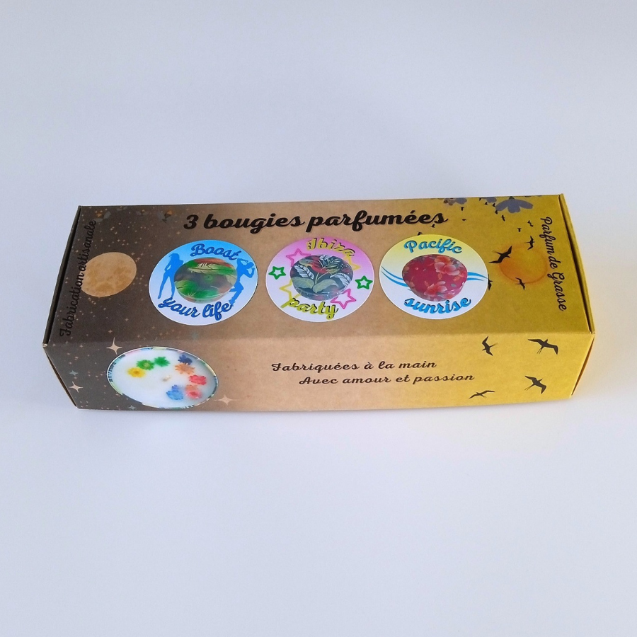Coffret 3 bougies parfumées Boost your life - Ibiza party - Pacific sunrise - Parfum des parfumeries de Grasse(France)
