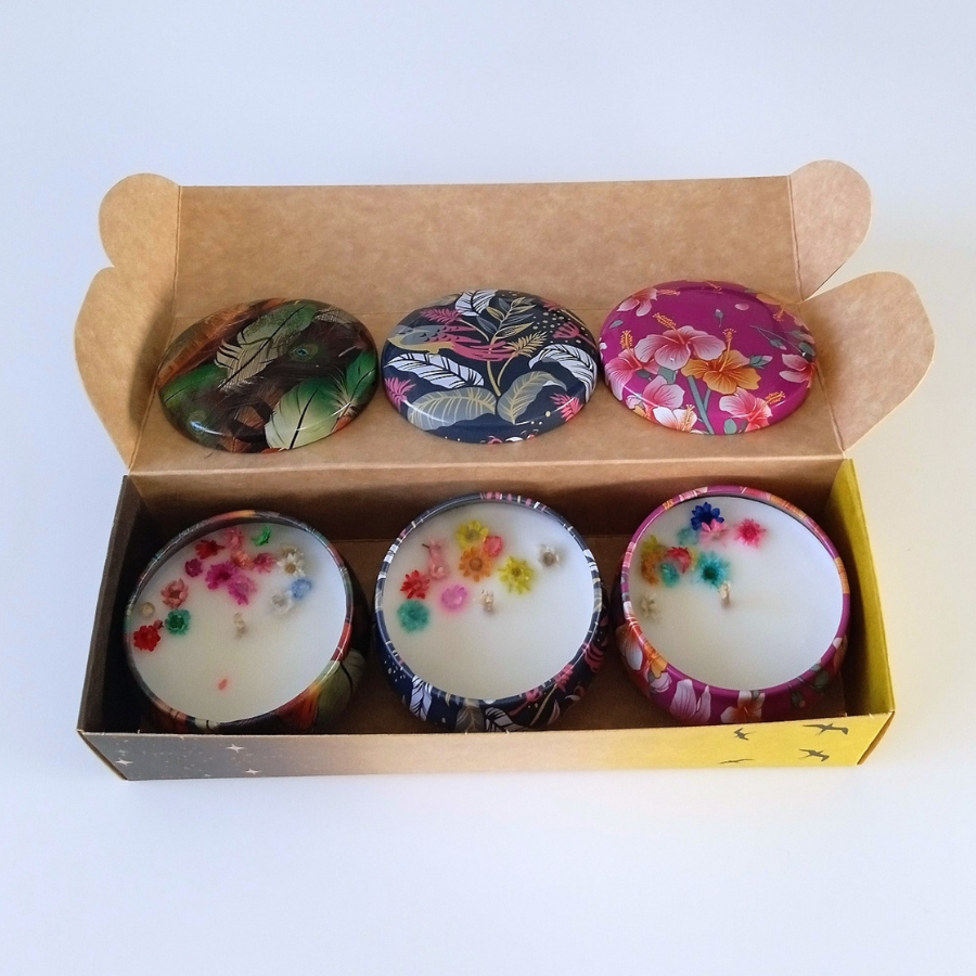 Coffret 3 bougies parfumées Boost your life - Ibiza party - Pacific sunrise - Parfum des parfumeries de Grasse(France)