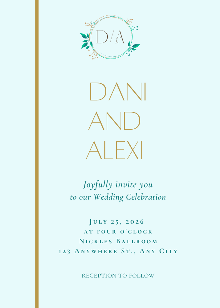 Auqa Gold text classic wedding invitation 