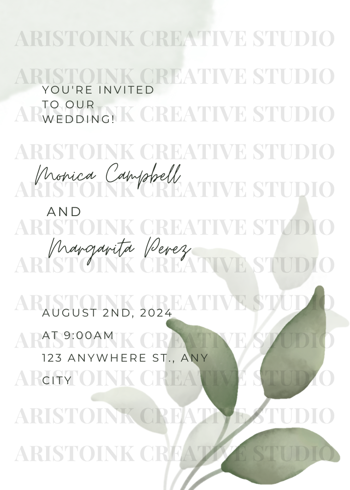 Green water color floral wedding invitation 