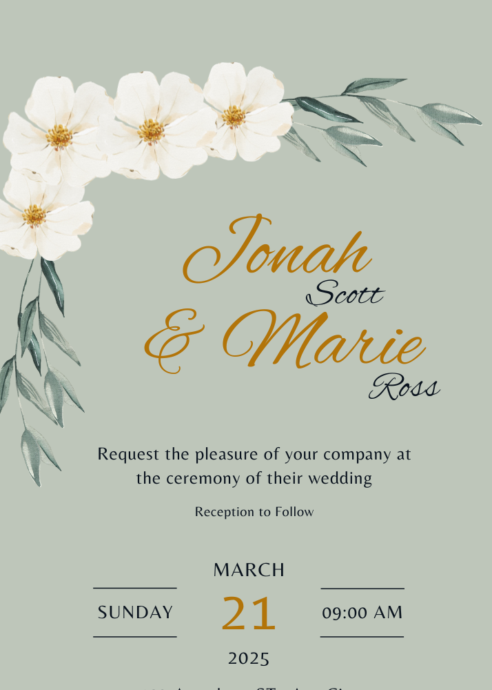 Yellow flower Green background wedding invitation