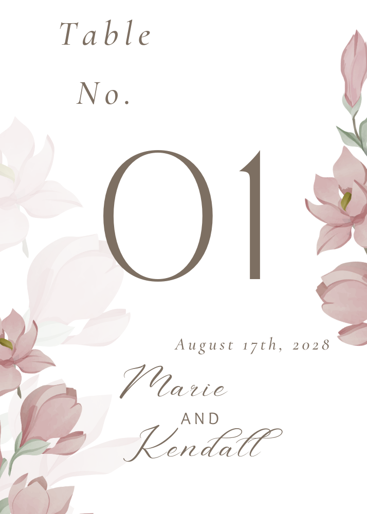 White with Pink Floral Wedding Table Numbers 