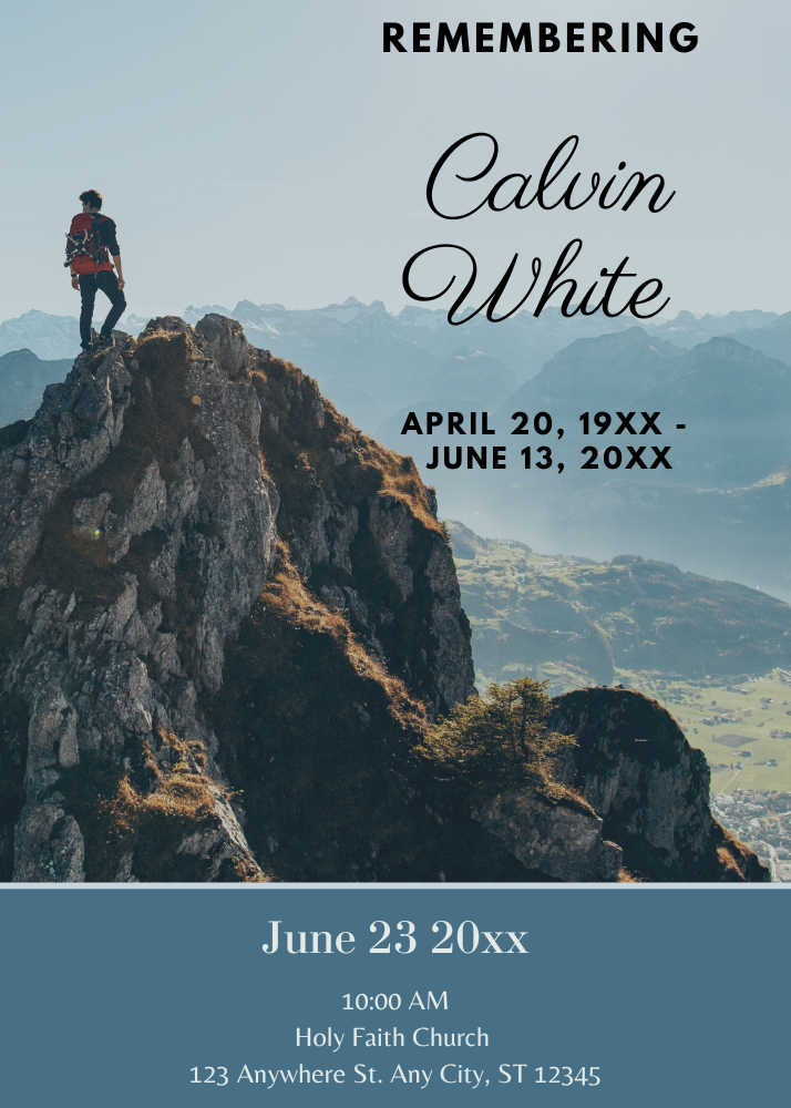 Obituary Adventurous mountain blue background 