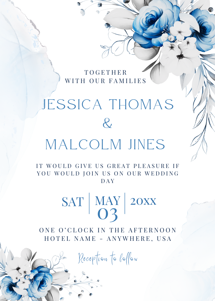 Blue flower/ text wedding Invitation