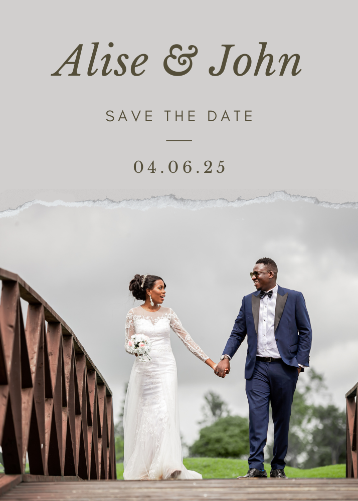 Grey White Minimalist Photo Torn Paper Save The Date 