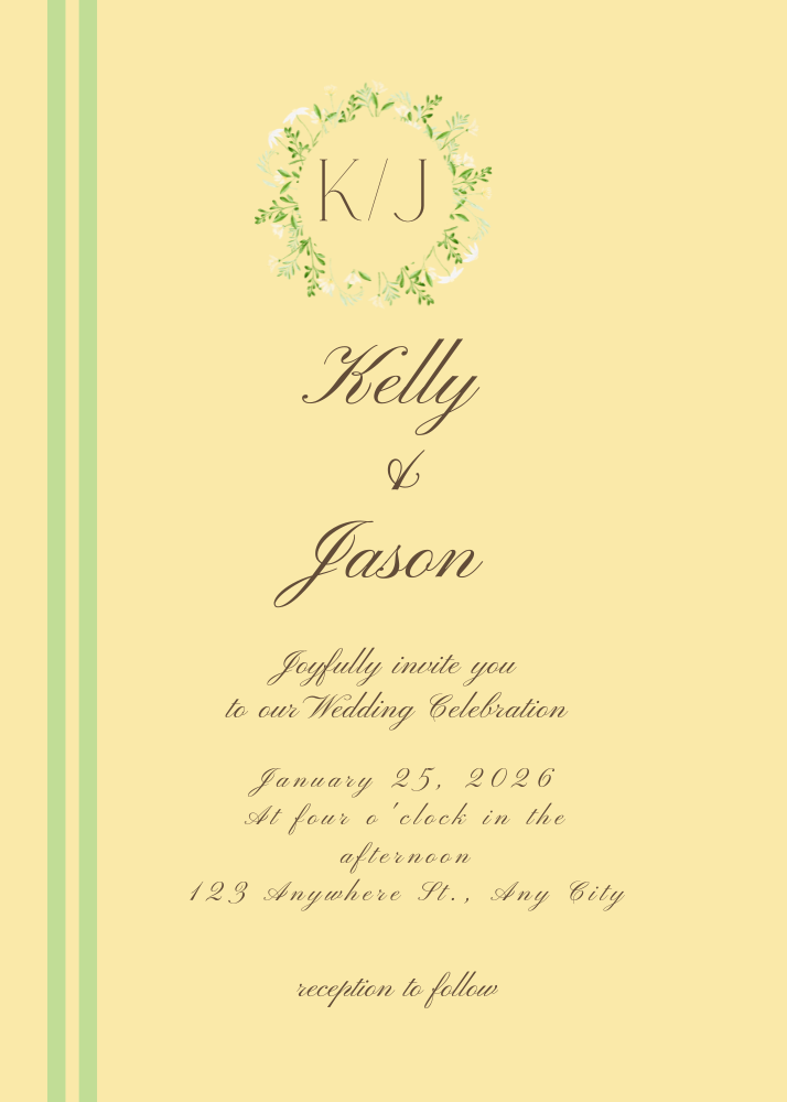 Yellow wedding invite with green stripe
