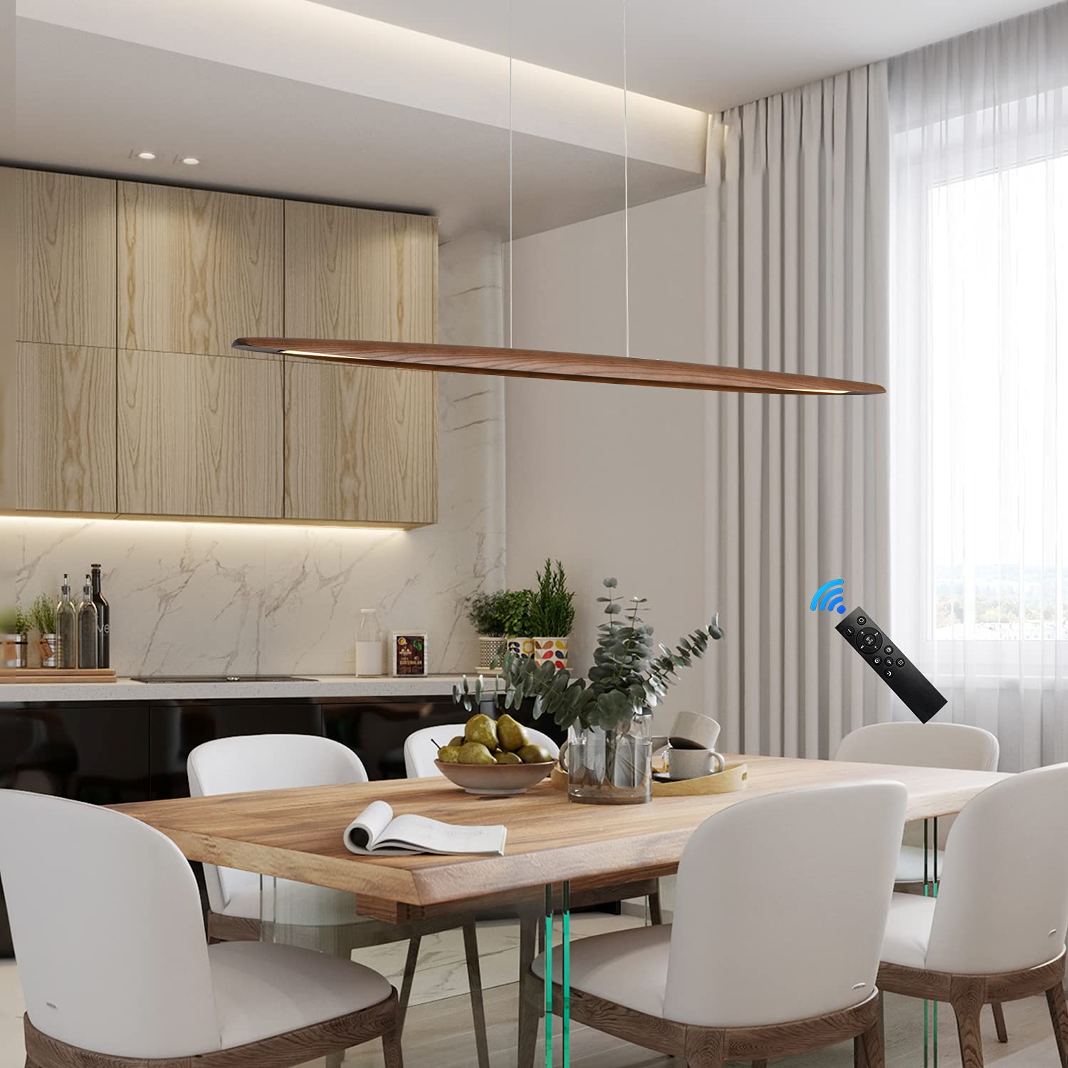 Wood Linear Pendant Light LED Dimmable Island Light Fixture for Dinning Room Kitchen Office Coffee Shop