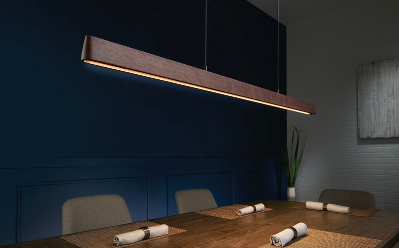 Linear Suspension Chandelier MCM Lighting Island Light Fixture LED Pendant Chandelier Long Wooden Light Wood Panel Light